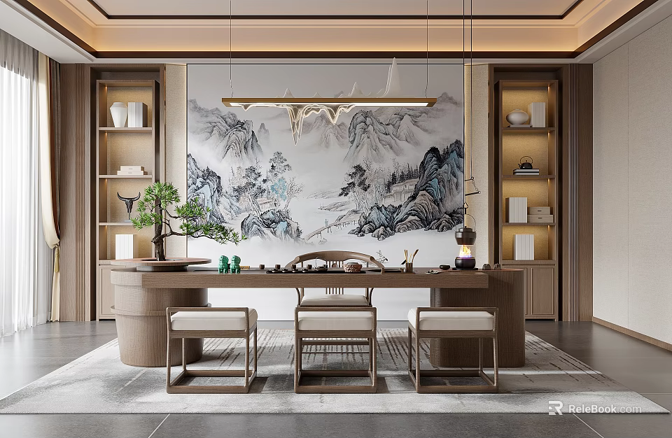 Traditional Tea Room Interior Design With Landscape Painting Wooden Table Chairs And Tea Sets 3d model 