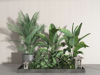 Lush Green Bonsai Potted Plants With Palm Leaves And Small Lanterns In Black Tray 3d model