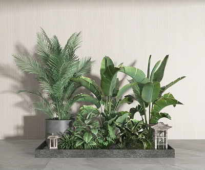 Lush Green Bonsai Potted Plants With Palm Leaves And Small Lanterns In Black Tray 3d model