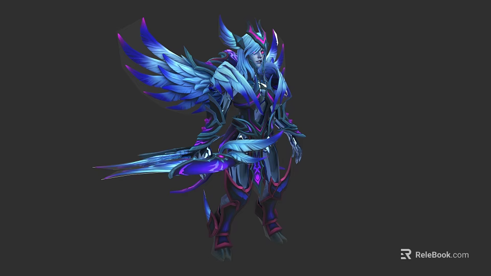 Detailed Fantasy Game Movie Character With Blue Purple Wings Shiny Armor And Sword 3d model 