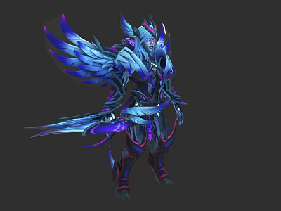 Detailed Fantasy Game Movie Character With Blue Purple Wings Shiny Armor And Sword 3d model