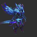 Detailed Fantasy Game Movie Character With Blue Purple Wings Shiny Armor And Sword