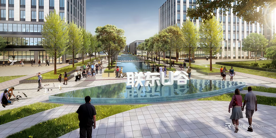 Modern Commercial Street In LianDong U Valley With Water Pedestrians And Trees 3d model 