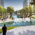 Modern Commercial Street In LianDong U Valley With Water Pedestrians And Trees