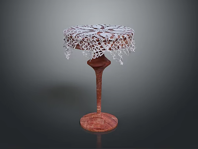 Red Marble Round Table Furniture With Tall Pedestal Base And White Lace Fringed Tablecloth 3d model