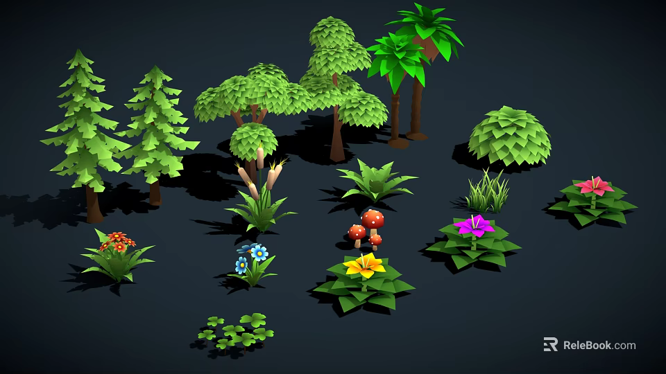 Diverse Plant Collection Including Trees Shrubs Flowers Mushrooms and Green Foliage 3d model 