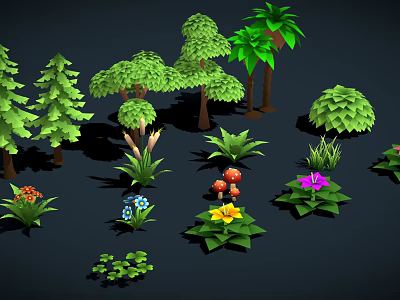 Diverse Plant Collection Including Trees Shrubs Flowers Mushrooms and Green Foliage 3d model