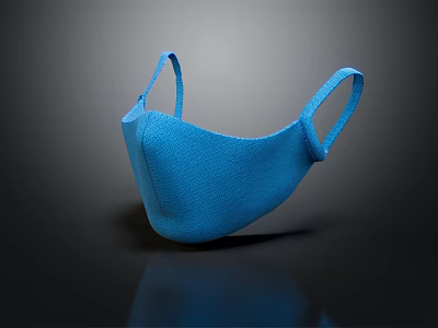 Blue Protective Face Mask With Elastic Ear Loops On Dark Surface 3d model