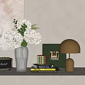Stylish Decorative Ornament Set With White Hydrangeas Glass Vase Copper Lamp Green Frame And Books