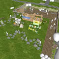 Scenic Campsite With Green Grass Wooden Platform Campfire And People Gathering