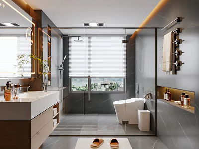 Modern Luxury Marble Bathroom With Glass Shower Partition And Smart Sanitary Ware Interior Design 3d model