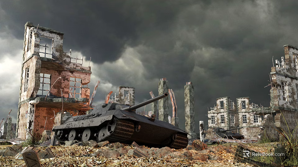 Damaged Building Structures in War Ruins With Tank and Dark Stormy Sky 3d model 