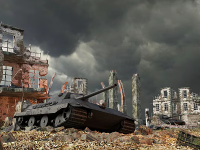 Damaged Building Structures in War Ruins With Tank and Dark Stormy Sky 3d model