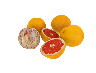 Fresh Ripe Grapefruit Whole Sliced And Peeled With Red Flesh On White Background 3d model