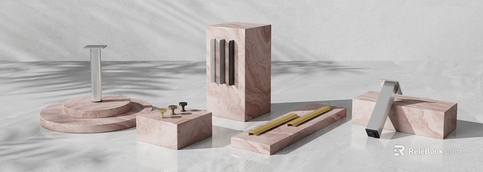 Modern Luxury Cabinet Handles with Pink Marble and Gold Accents 3d model 