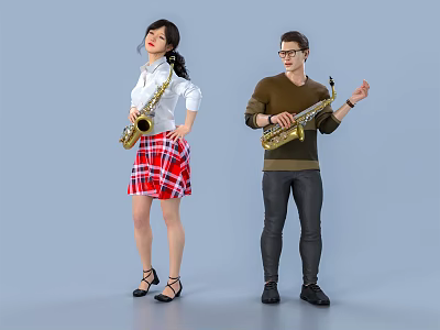 Two People Playing Saxophone In Stylish Outfits Against Blue Background 3d model
