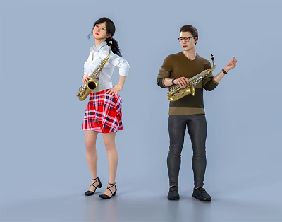 Two People Playing Saxophone In Stylish Outfits Against Blue Background 3d model