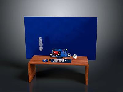 Home Office Wooden Desk With Blue Stationery And Accessories On Blue Backdrop 3d model