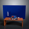 Home Office Wooden Desk With Blue Stationery And Accessories On Blue Backdrop