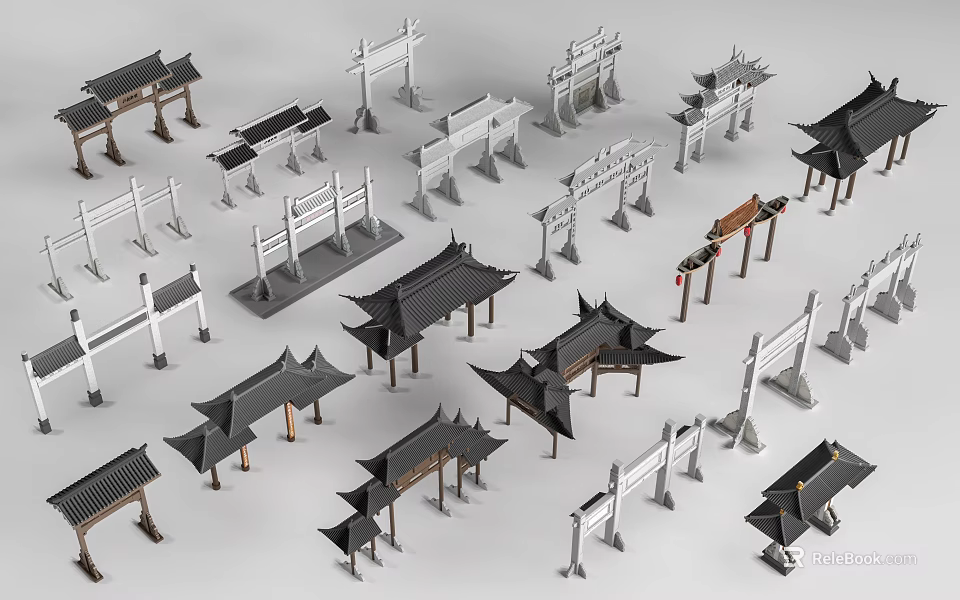 Traditional Chinese Memorial Archways Showcasing Diverse Architectural Styles and Classic Roof Details 3d model 