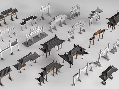 Traditional Chinese Memorial Archways Showcasing Diverse Architectural Styles and Classic Roof Details 3d model