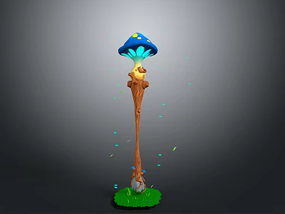 Mushroom Shaped Wooden Lamp Post With Blue Cap Yellow Spots Glowing Particles And Green Grass 3d model