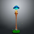 Mushroom Shaped Wooden Lamp Post With Blue Cap Yellow Spots Glowing Particles And Green Grass