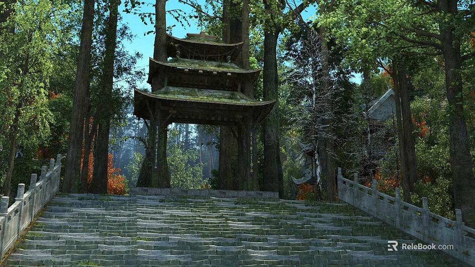 Serene Ancient Chinese Pagoda Gate In Lush Green Forest With Mossy Stone Stairs Beautiful Landscape 3d model 