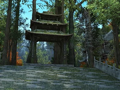 Serene Ancient Chinese Pagoda Gate In Lush Green Forest With Mossy Stone Stairs Beautiful Landscape 3d model