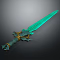 3D Rendered Teal Fantasy Sword With Golden Dragon Like Hilt Decorations