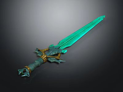 3D Rendered Teal Fantasy Sword With Golden Dragon Like Hilt Decorations 3d model