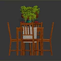 Wooden Dining Table With Four Chairs Green Plant Red Wine Glasses Tableware And Tablecloth
