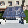 Modern Metal Frame Canopy With Transparent Roof Over Building Entrance And Stone Wall