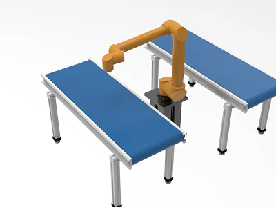 Industrial Robotic Arm Installed Between Two Blue Conveyor Belts With Metal Frames 3d model