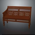 Red Wooden Bench With Intricate Carved Lattice Backrest And Ornate Leg Design