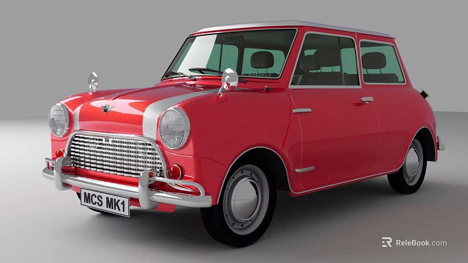 Red Retro Mini Car With Round Headlights And Chrome Details 3d model 