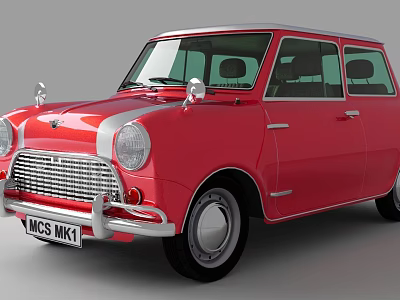 Red Retro Mini Car With Round Headlights And Chrome Details 3d model