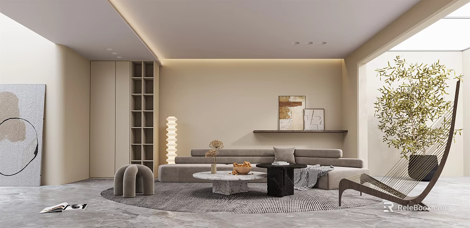 Modern Living and Dining Room Interior With Gray Sofa Round Rug And Marble Coffee Table 3d model 