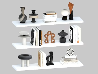 Modern Decorative Ornament Set On Multi Tiered Shelves With Books And Various Shapes 3d model