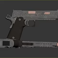 Two Modern Tactical Pistols With Wooden Grips Metal Frames Red Accents And Magazine Attachments