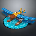 Blue Wing Yellow Body Water Passenger Plane With Floats On Blue Water Surface