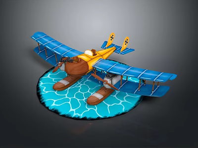 Blue Wing Yellow Body Water Passenger Plane With Floats On Blue Water Surface 3d model