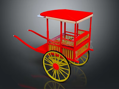Traditional Red Rickshaw Design With Red Canopy Yellow Wheels And Wooden Frame 3d model
