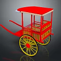 Traditional Red Rickshaw Design With Red Canopy Yellow Wheels And Wooden Frame