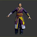 3D Character Design Of Humanoid Creature In Purple Yellow Traditional Costume With Open Arms