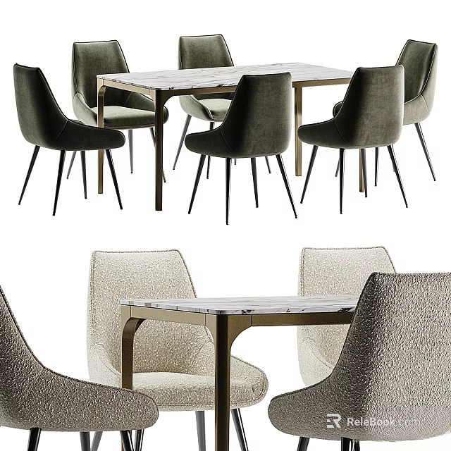 Modern Dining Table And Chair Set With Marble Tabletop Upholstered Seats And Metal Legs 3d model 