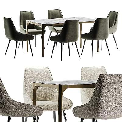 Modern Dining Table And Chair Set With Marble Tabletop Upholstered Seats And Metal Legs 3d model