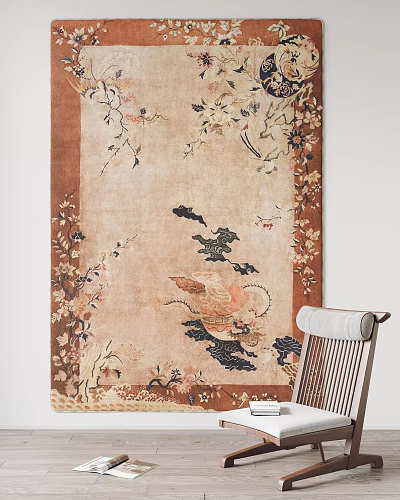 Square Area Rug With Intricate Floral And Animal Patterns Next To Chair 3d model