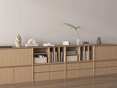 Modern Light Wood Storage Cabinet With Open Shelves Drawers Books Decor Plant On Wooden Floor 3d model