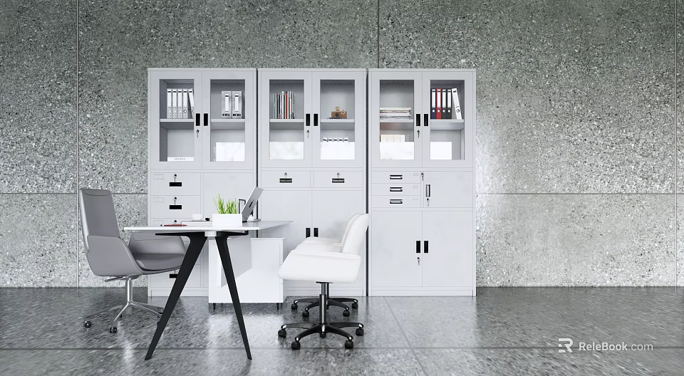 Modern Office Workspace With Desk White Storage Cabinets Chairs And Potted Plant 3d model 